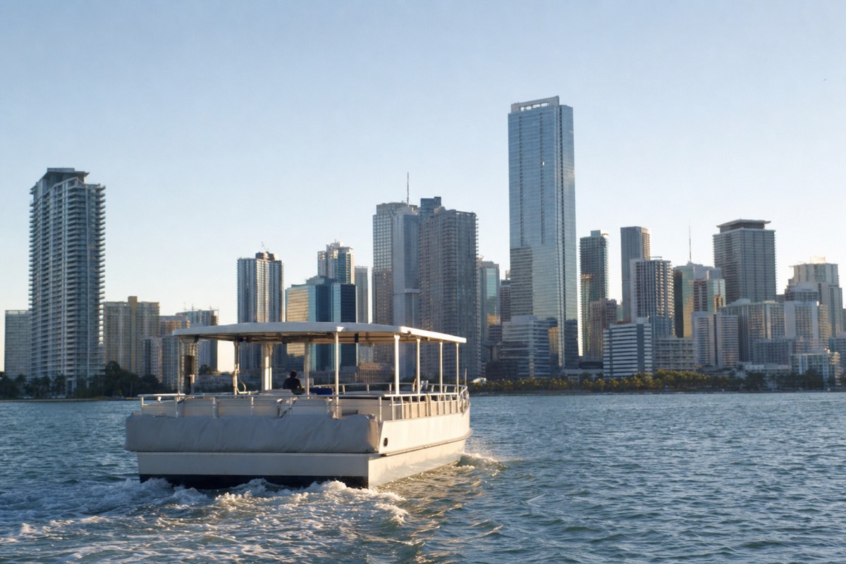 A Miami cruise boat gliding across Biscayne Bay at dusk with the downtown skyline glowing behind it, no text, no logos, no people.
