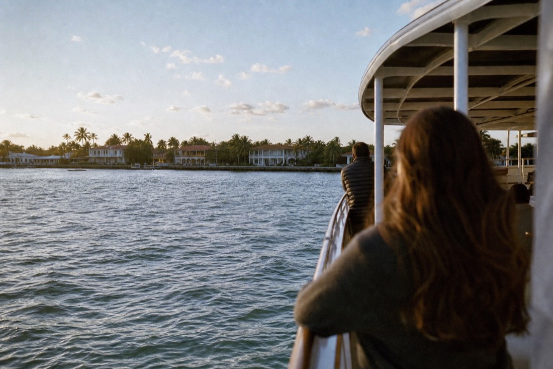 Passengers leaning on a cruise boat rail with Miami Beach and the bay spread out behind them, no text, no logos, no people.