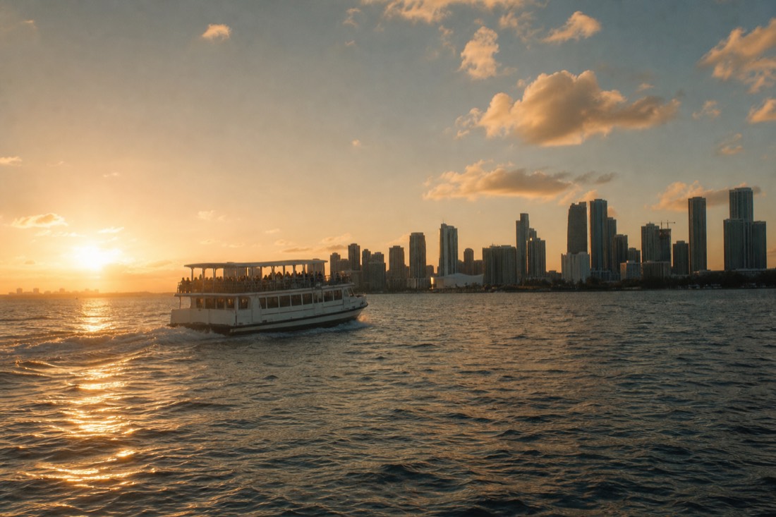 Open upper deck of a sightseeing boat on Biscayne Bay with the downtown skyline in the distance at dusk, no text, no logos, no people