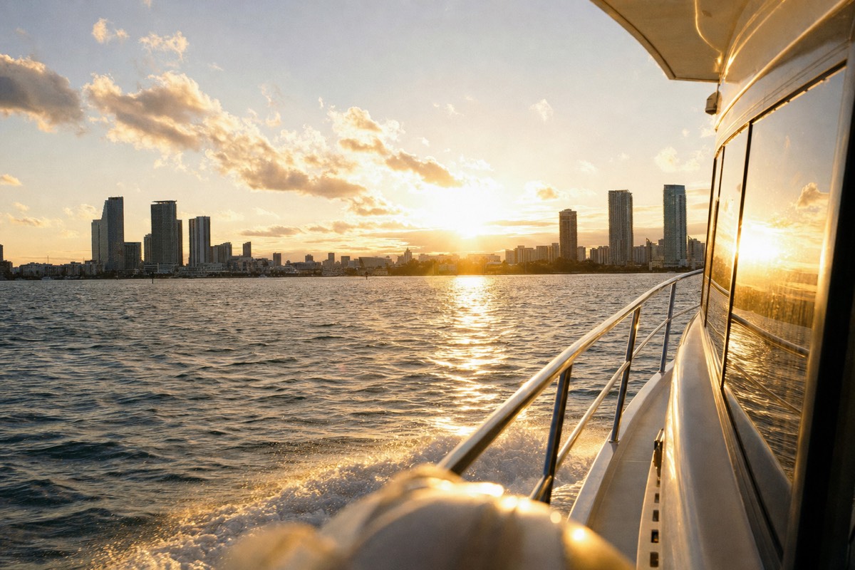 A boat cruising Biscayne Bay at sunset with the Miami skyline glowing in the background, no text, no logos, no people