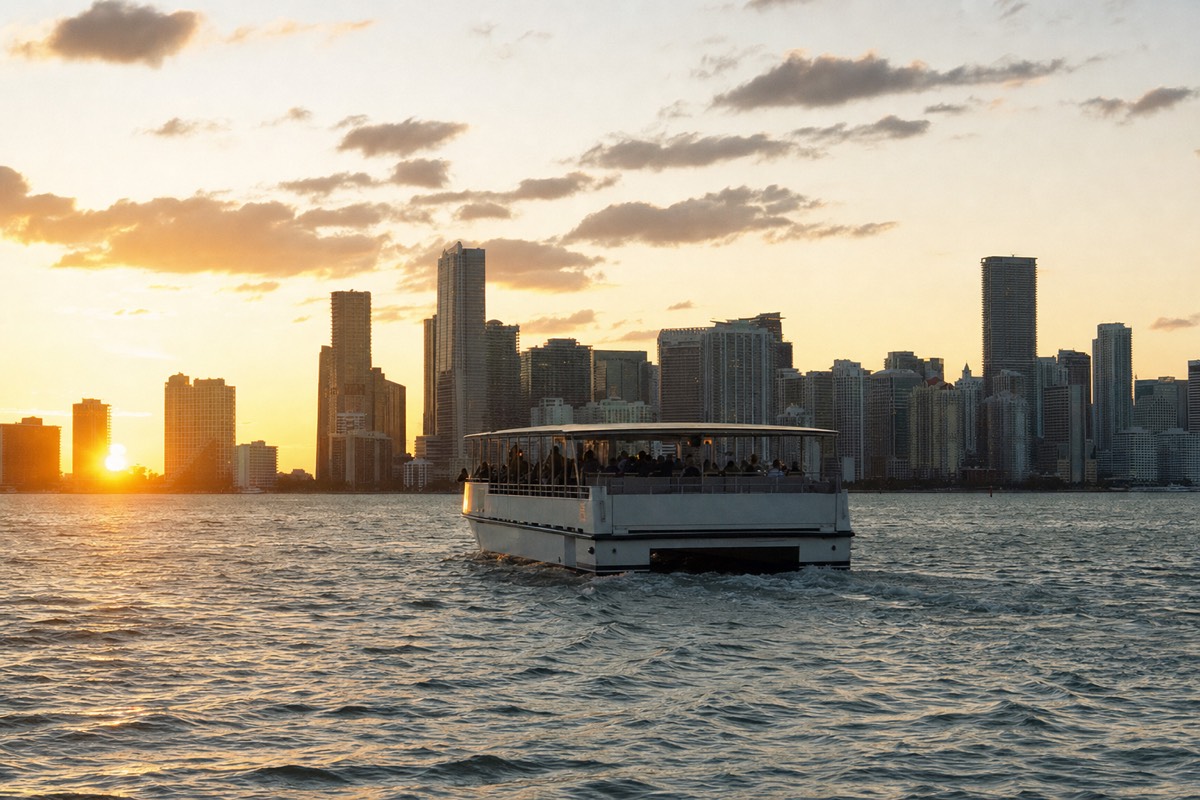 A dinner cruise boat on calm water near a city skyline at dusk, no text, no logos, no people