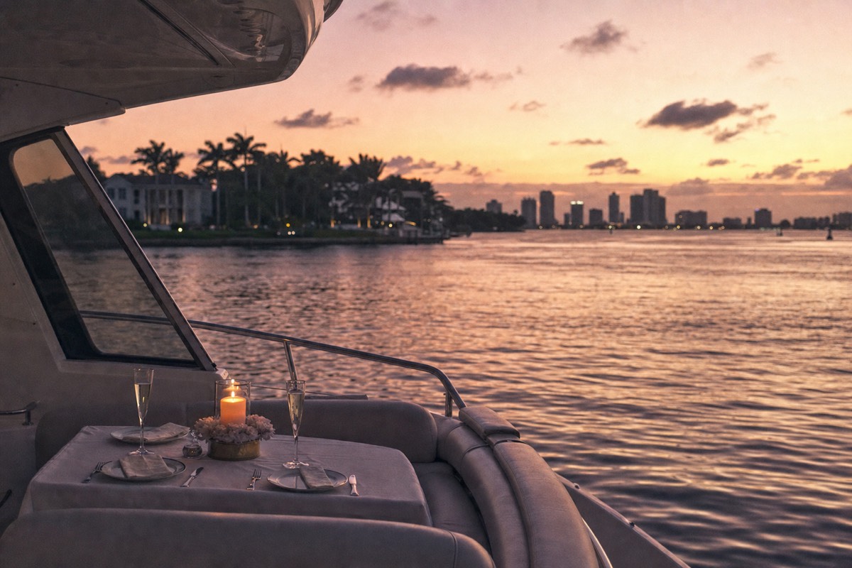 A couple at the railing of an evening boat on Biscayne Bay with the downtown Miami skyline lit up behind them, no text, no logos, no people.