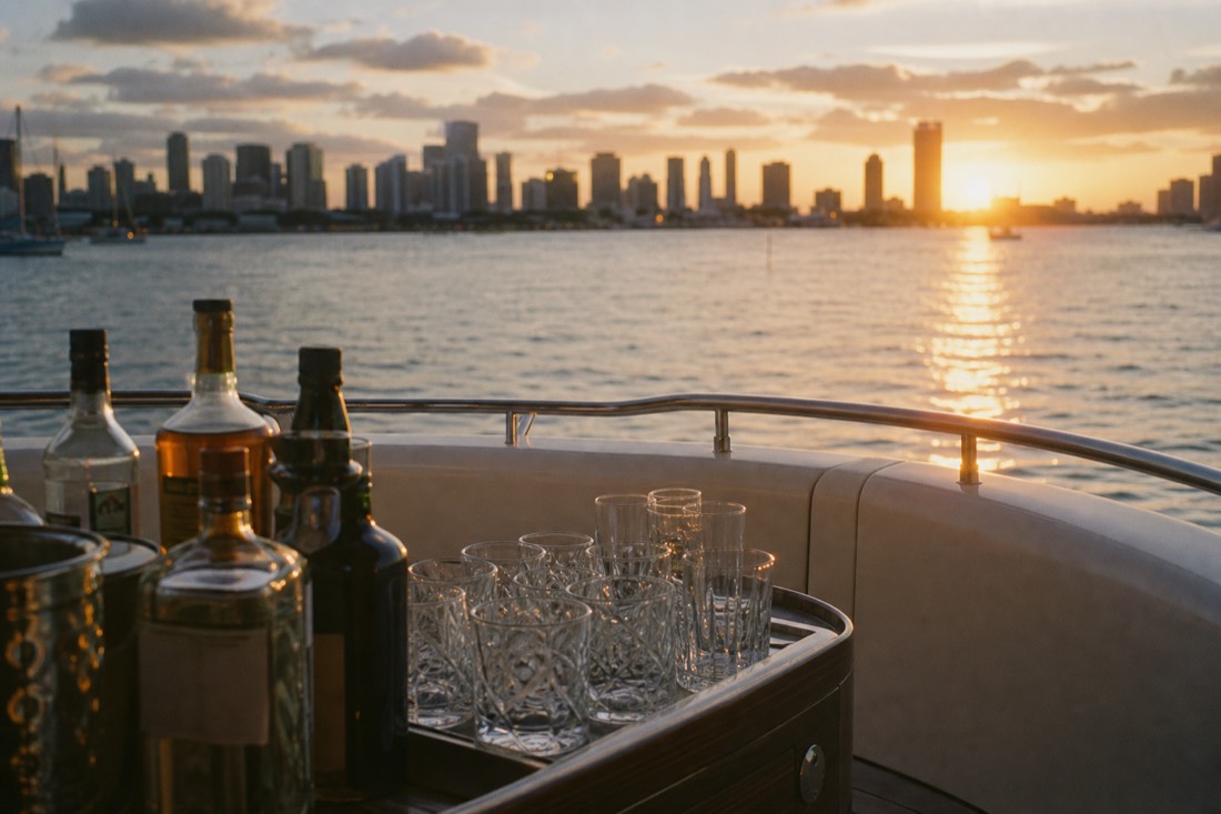 A cruise boat deck set up for a celebration on Biscayne Bay at dusk, no text, no logos, no people.