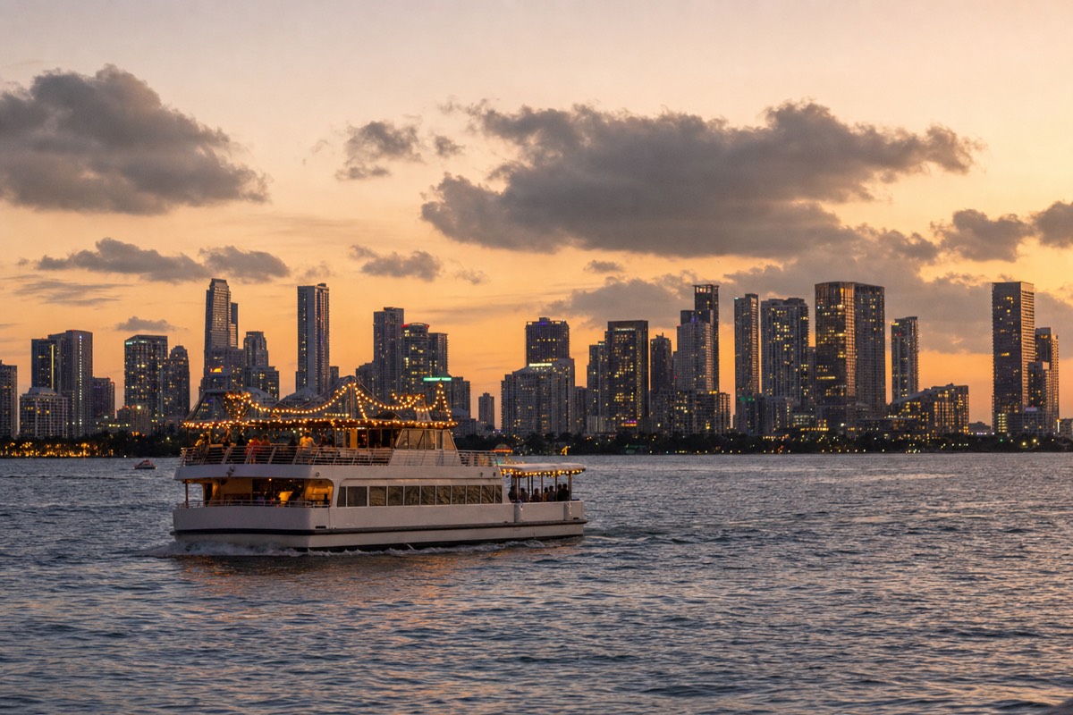 A decorated cruise boat on Biscayne Bay at dusk with the Miami skyline glowing behind it, no text, no logos, no people.