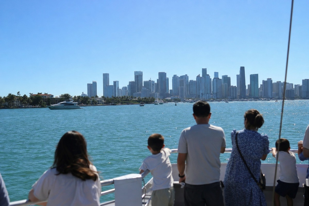 A family with children on the open deck of a boat watching the Miami skyline at sunset, no text, no logos, no people