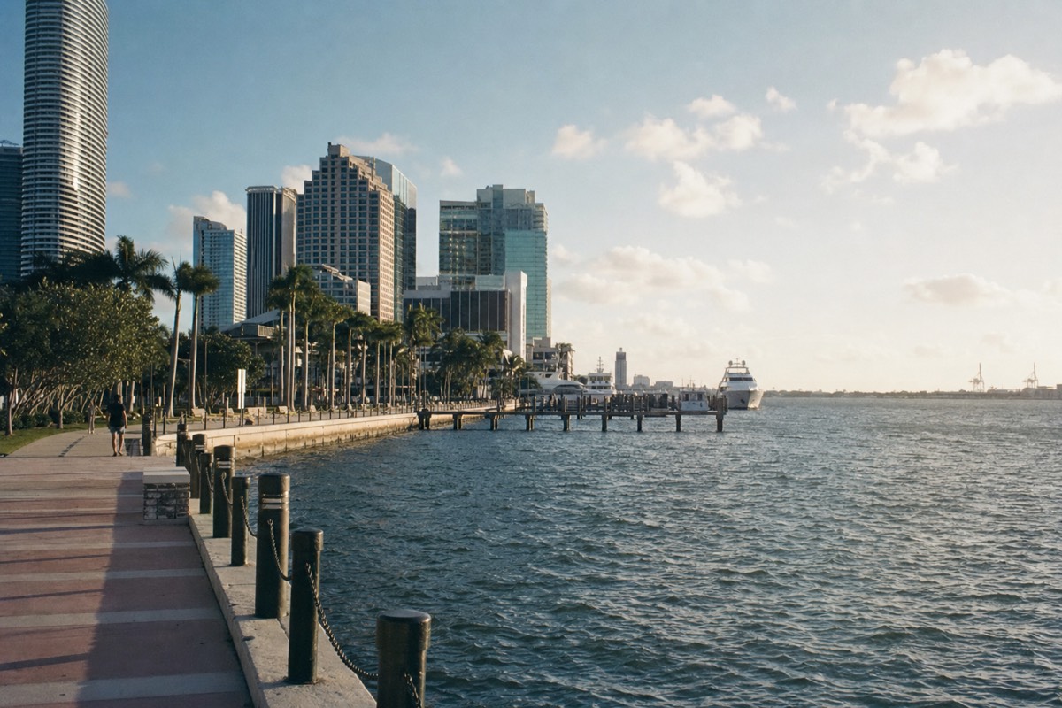 Waterfront promenade at Bayside Marketplace with downtown Miami towers behind, no text, no logos, no people
