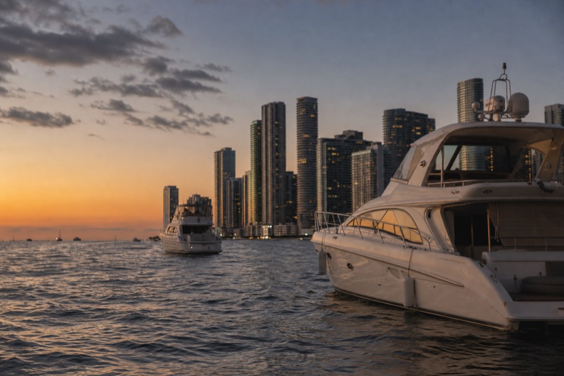 Golden hour light over Biscayne Bay with boats near the Miami waterfront, no text, no logos, no people