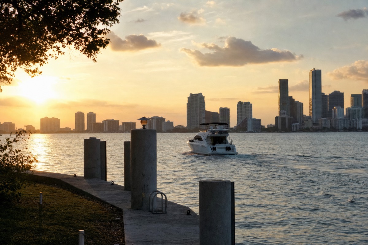 A boat cruising Biscayne Bay at sunset with the Miami skyline glowing in the background, no text, no logos, no people