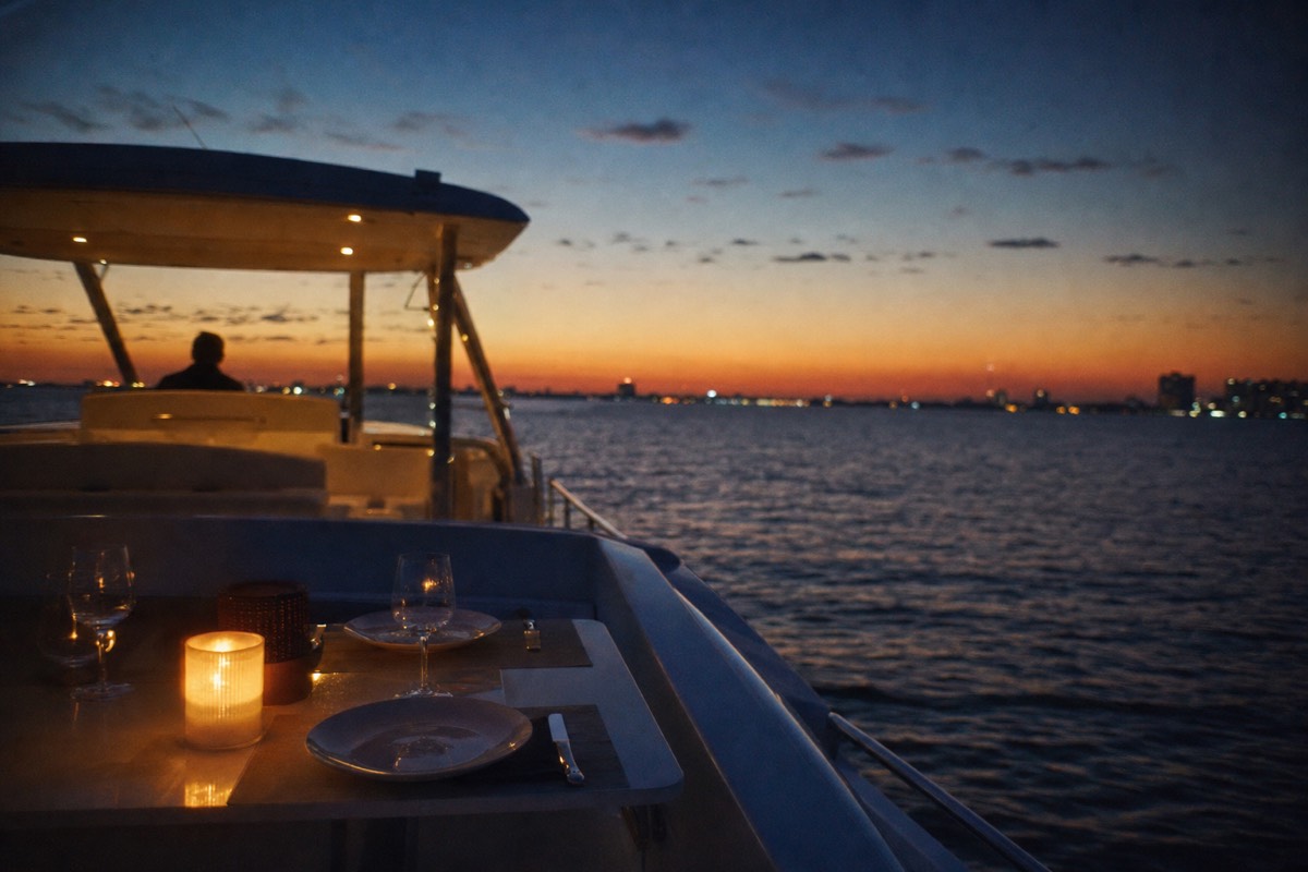 A small private yacht at dusk on Biscayne Bay with the Miami skyline glowing in the distance, no text, no logos, no people.