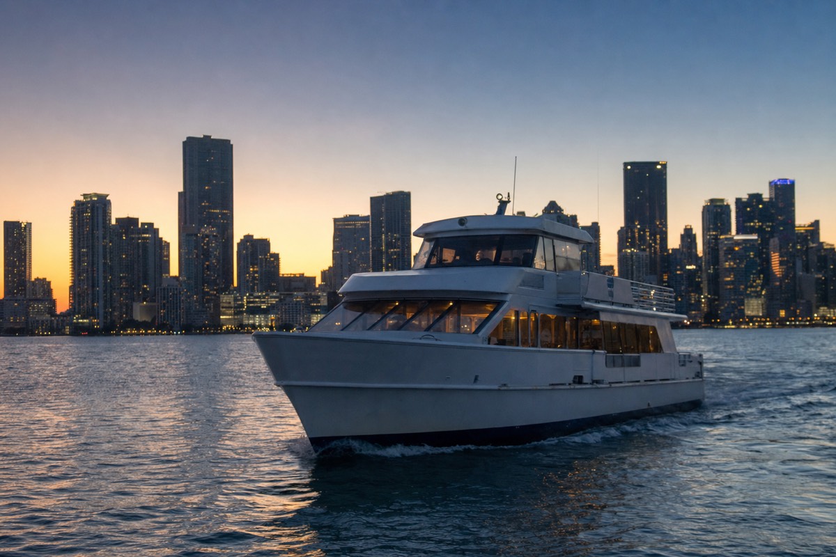 A passenger boat crossing Biscayne Bay with the Downtown Miami skyline behind it, no text, no logos, no people.