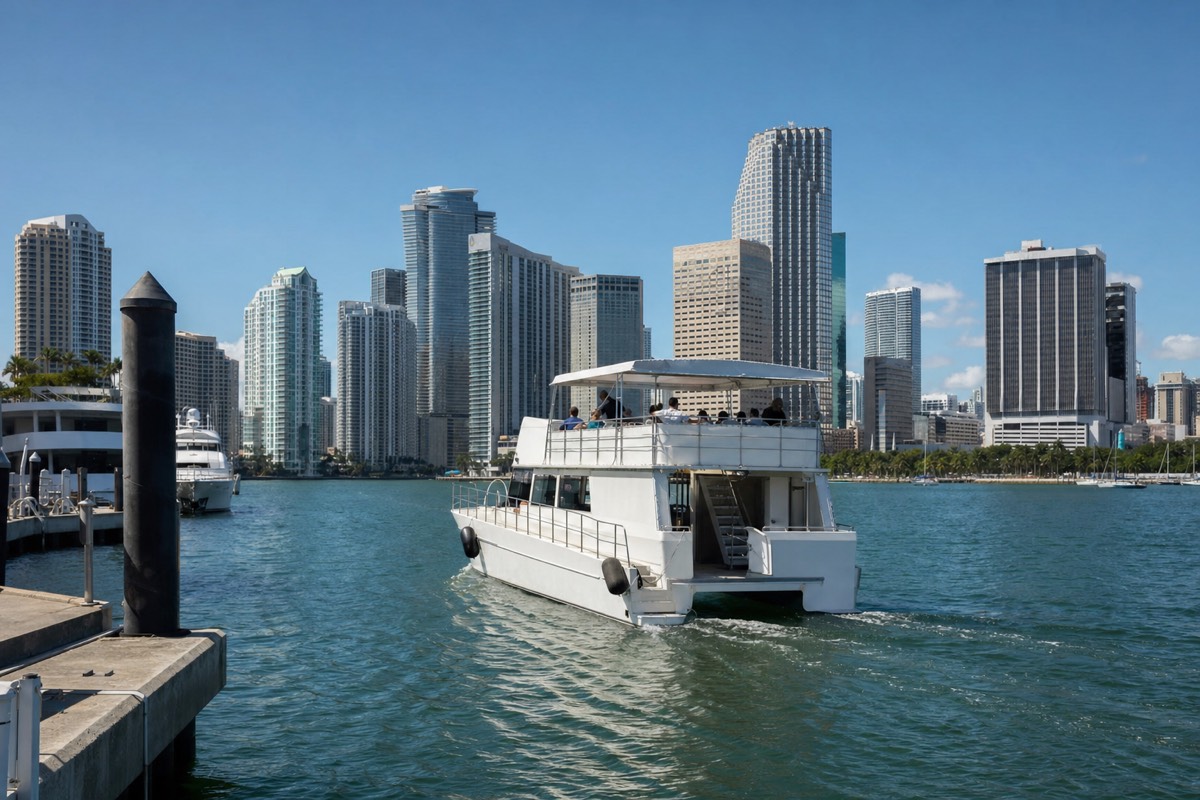 A dinner cruise boat docked at Bayside Marketplace at dusk, city lights reflecting on Biscayne Bay, no text, no logos, no people