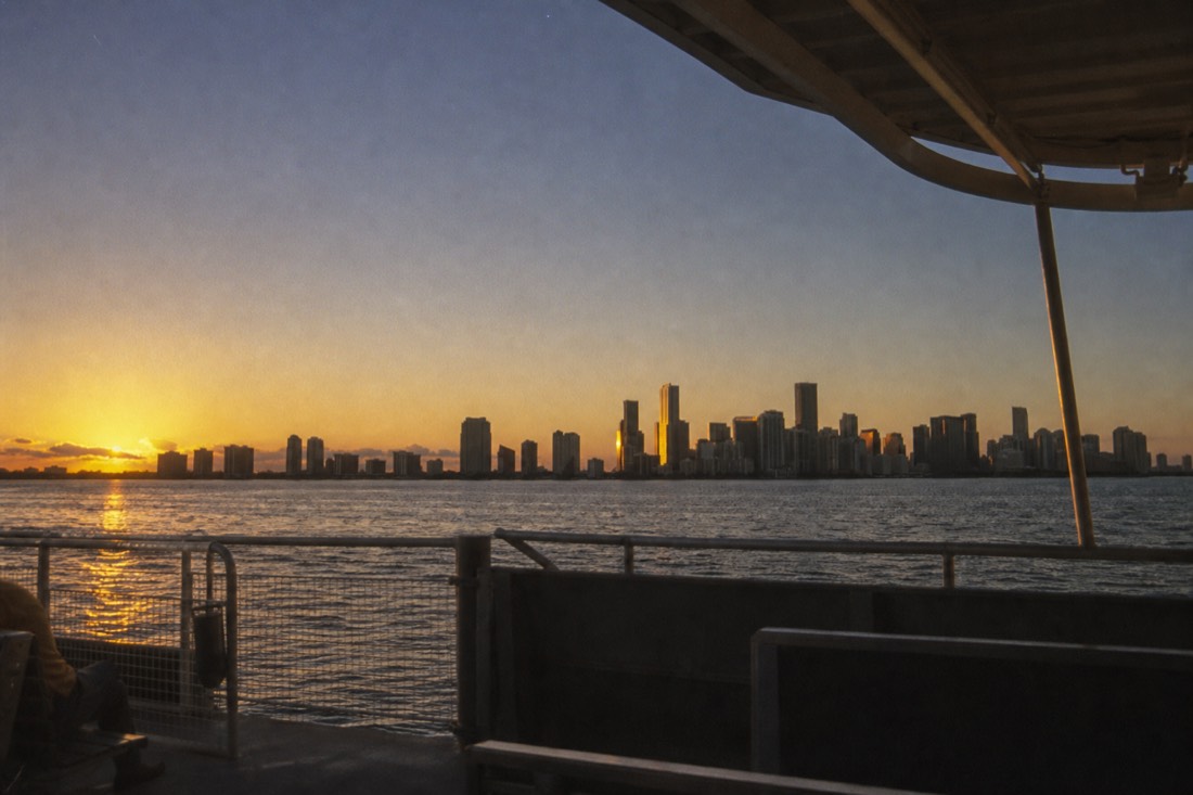 A catamaran on Biscayne Bay with the Downtown Miami skyline lit up at night, no text, no logos, no people.