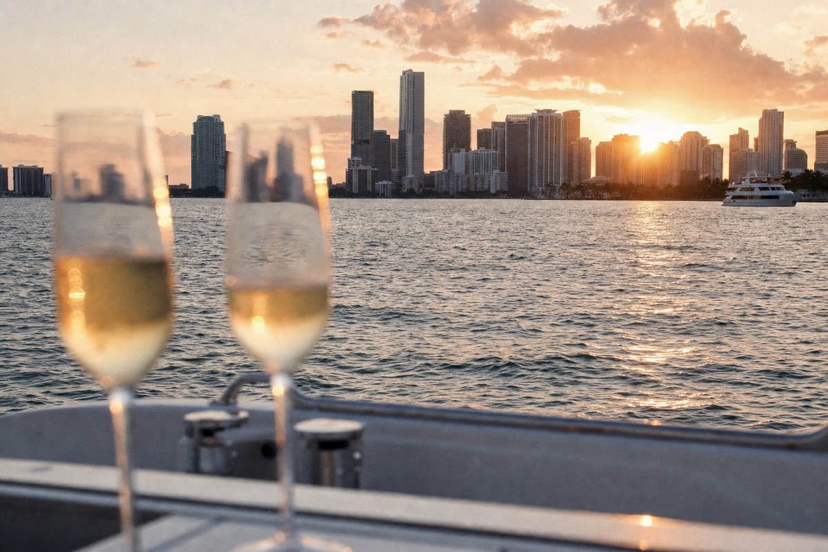 Champagne flutes on a boat railing with the Miami skyline glowing at sunset, no text, no logos, no people