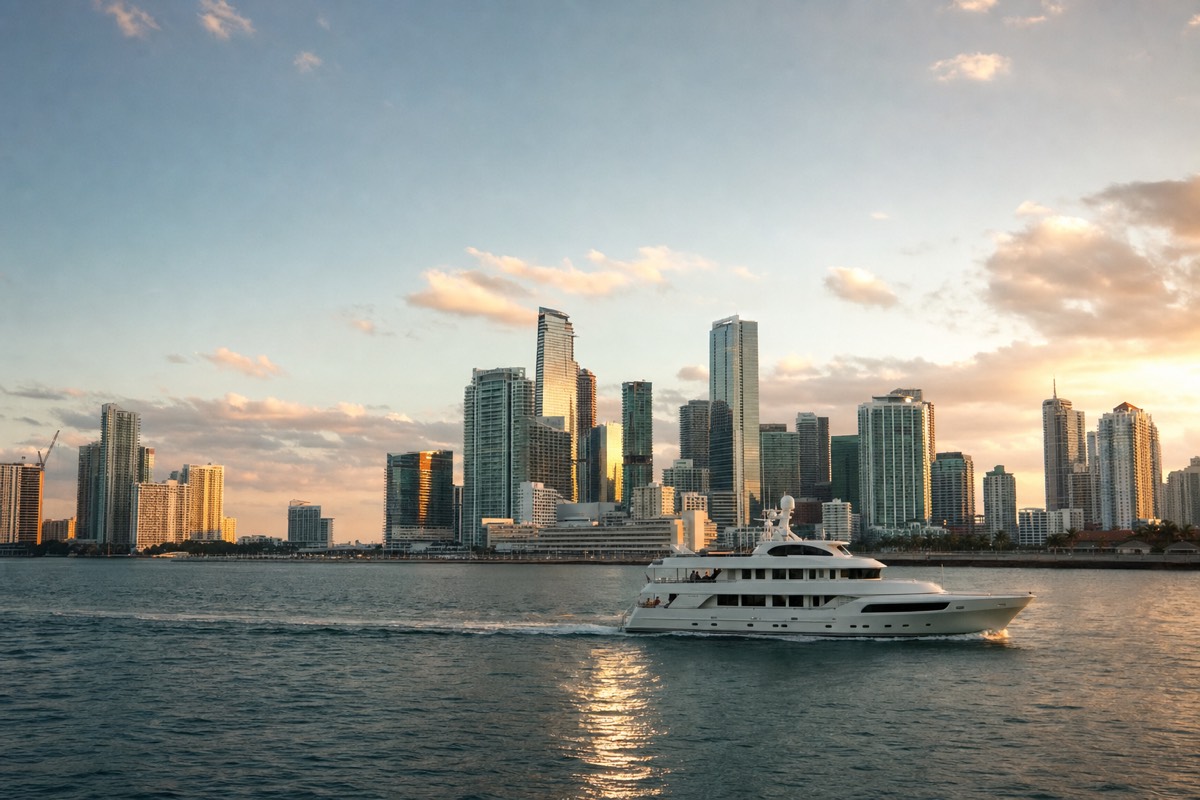 A sightseeing yacht cruising past the Downtown Miami skyline on Biscayne Bay at golden hour, no text, no logos, no people.