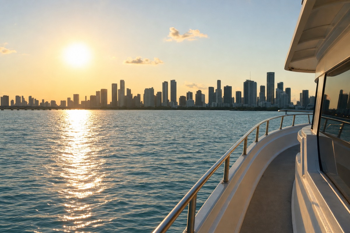 A Miami sunset cruise boat gliding across Biscayne Bay toward the downtown skyline at dusk, no text, no logos, no people.