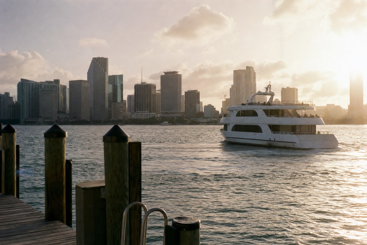 A passenger cruise boat crossing Biscayne Bay with the downtown Miami skyline behind it, no text, no logos, no people
