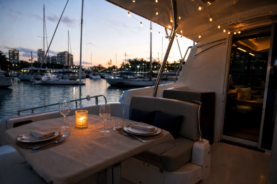 Private yacht moored at Dinner Key Marina in Coconut Grove with a table set for two on the open deck