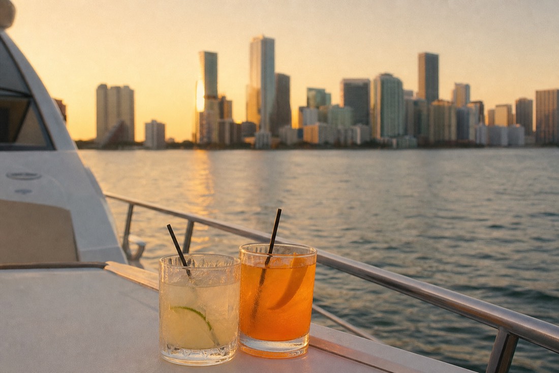 Cocktail glasses on a boat's open-deck rail with the Miami skyline glowing at sunset behind them